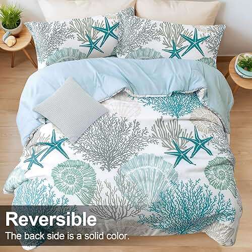Tritard Coastal Comforter Set Queen Size 3 Piece, Soft Beach Themed Comforter, Ocean Nautical Lightweight Bedding Sets for All Seasons, (1 Reversible Comforter and 2 Pillow Shams), 90''x90'', C1 - Image 4