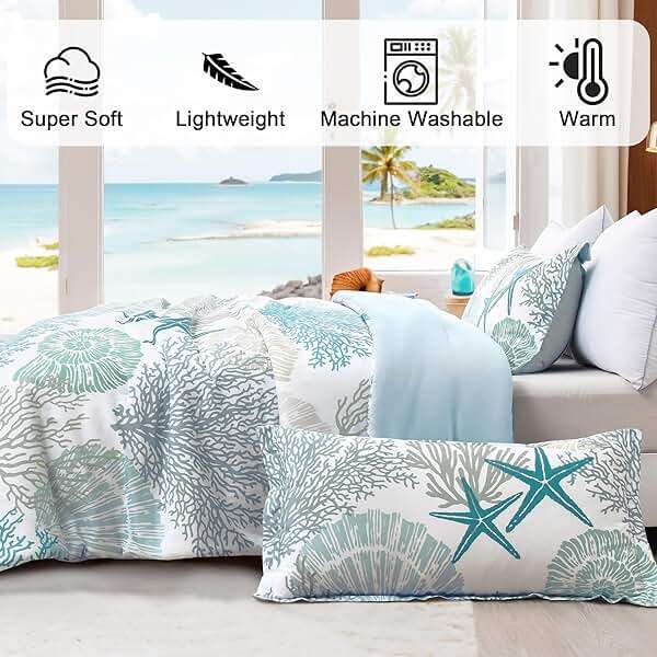 Tritard Coastal Comforter Set Queen Size 3 Piece, Soft Beach Themed Comforter, Ocean Nautical Lightweight Bedding Sets for All Seasons, (1 Reversible Comforter and 2 Pillow Shams), 90''x90'', C1 - Image 5