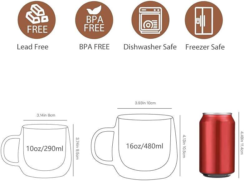 CNGLASS 16oz Double Walled Glass Coffee Mugs(4-pack),Large Clear Coffee Cups with Handle,Glass Espresso Mugs for Latte,Cappuccino,Tea - Image 3
