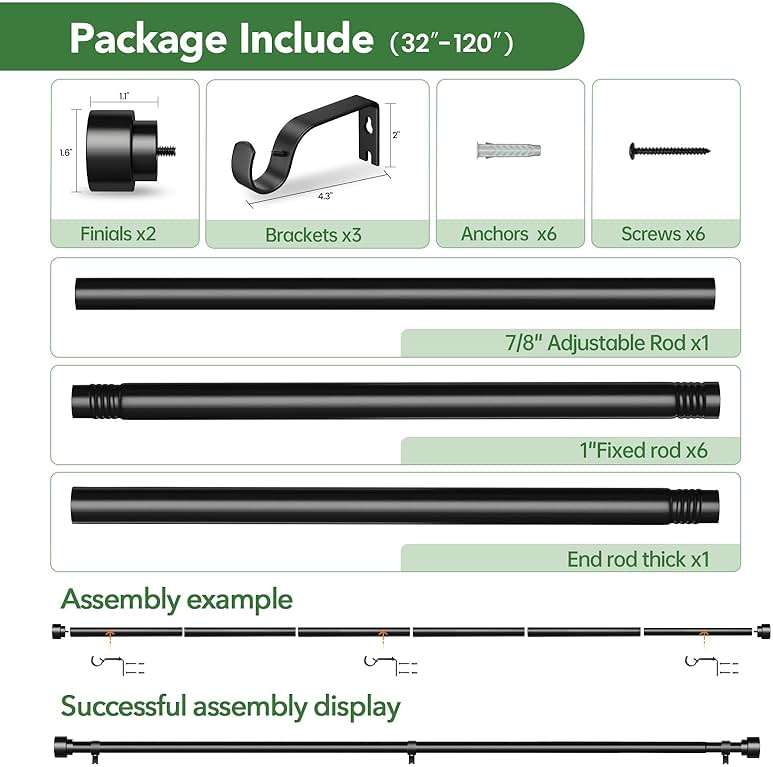 Time Forest Black Curtain Rods for Windows 32 to 120 Inch (2.6-10 Feet), 1 Inch Diameter Adjustable Heavy Duty Curtain Rod, Modern Style Indoor Outdoor Long Window Drapery Rods with End Caps - Image 6