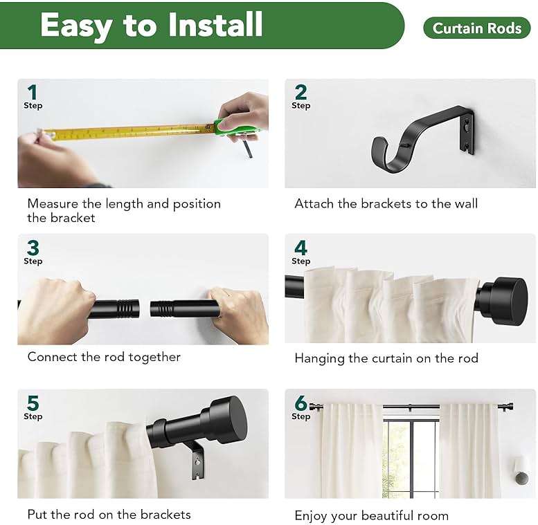Time Forest Black Curtain Rods for Windows 32 to 120 Inch (2.6-10 Feet), 1 Inch Diameter Adjustable Heavy Duty Curtain Rod, Modern Style Indoor Outdoor Long Window Drapery Rods with End Caps - Image 7