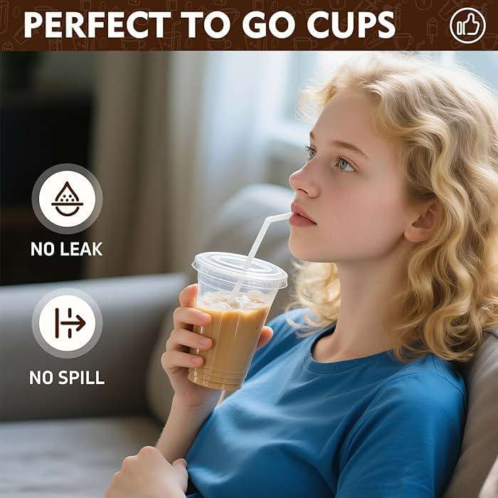 YEEHAW 16 oz 100 Pack Disposable Iced Coffee Cups with Lids, Clear Plastic Cups with Lids, Cold Crystal Drink Cup for Party - Image 5