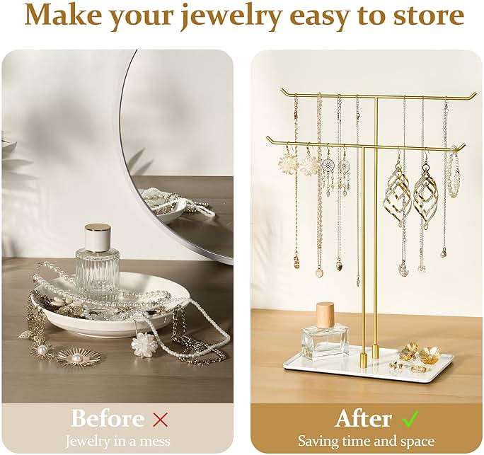 bussdis Necklace Stand Aesthetic Necklace Holder: Metal Necklace Organizer for Home Decor, Gold - Image 3