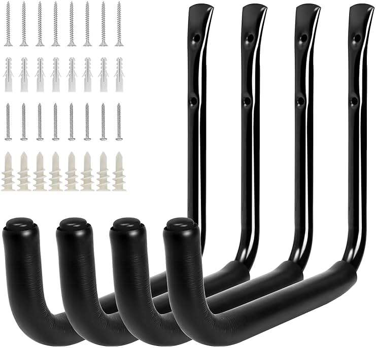 KURUI 10" Garage Organization Wall Hooks, 66 LB Heavy Duty Water Hose Holder for Hanging Ladder Extension Cord Garden Tool Cable, 4 Pcs, Black - Image 1