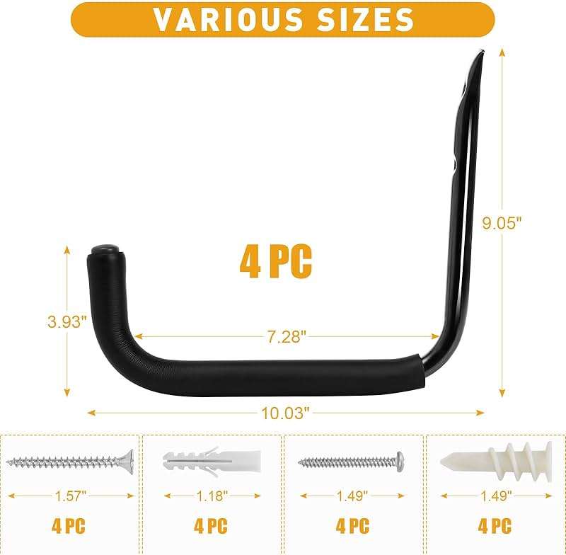 KURUI 10" Garage Organization Wall Hooks, 66 LB Heavy Duty Water Hose Holder for Hanging Ladder Extension Cord Garden Tool Cable, 4 Pcs, Black - Image 2