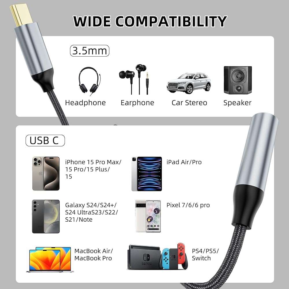Welldiea USB-C to 3.5mm Headphone Jack Adapter, Type-C to 3.5mm Aux Adapter Compatible with iPhone 17 Pro Max/17 Pro, 16/15 Pro Max, 16/15 Pro, Galaxy S22/S21/S20 Ultra/Note 20 and More (2, Black) - Image 6