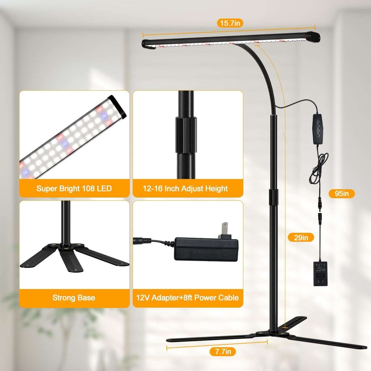 Super-Bright Grow Light for Indoor Plants, 6000K 108LEDs Full Spectrum Plant Lamp with Timer 4/8/12Hrs & Height Extendable for Home Office Desktop Plants, 12V 3A High Power Output for Faster Growth - Image 7