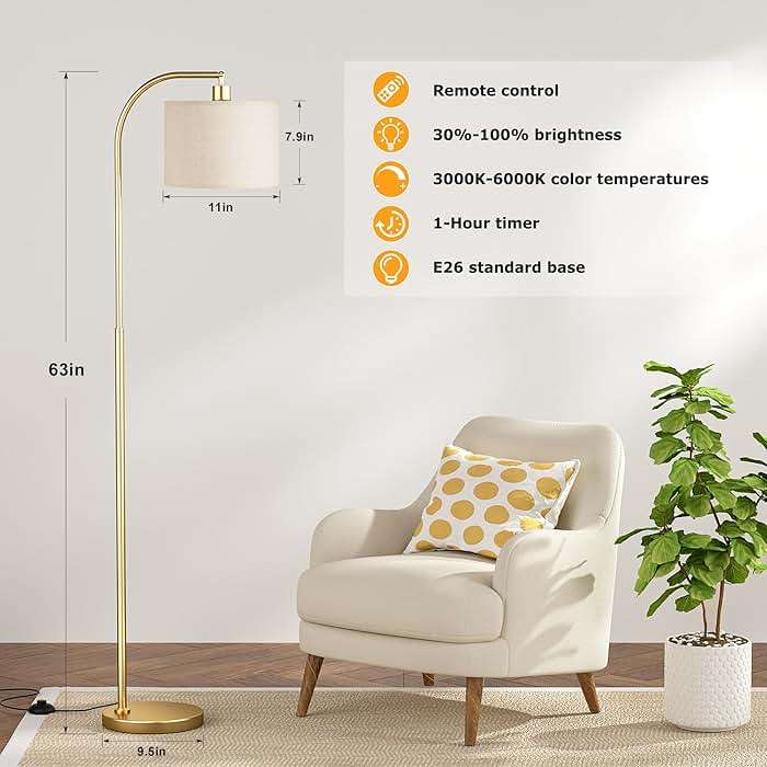 Ambimall Arc Floor Lamp with Remote and Stepless Dimmable Bulb, Colors Temperature & Brightness Adjustable, Gold Floor Lamps for Living Room（Deep Beige Shade & Gold Pole） - Image 2