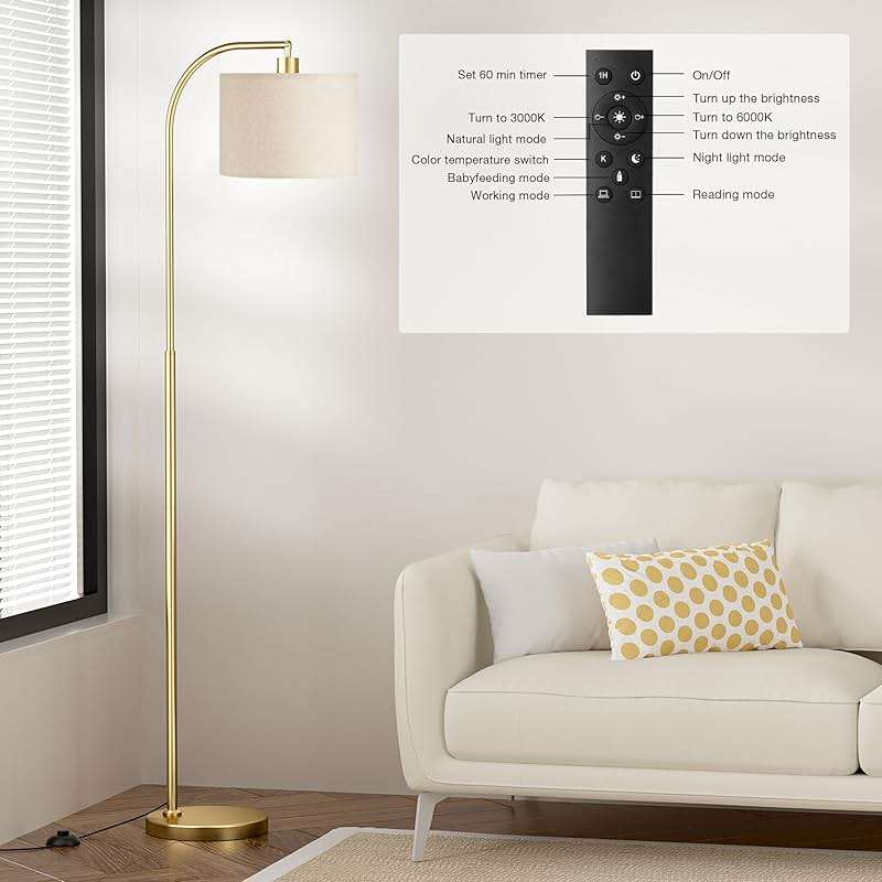Ambimall Arc Floor Lamp with Remote and Stepless Dimmable Bulb, Colors Temperature & Brightness Adjustable, Gold Floor Lamps for Living Room（Deep Beige Shade & Gold Pole） - Image 4