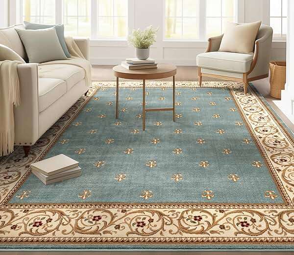 Well Woven Fleur de Lis Elegance Traditional Light Blue 9x13 (9'3" x 12'6") Large Area Rug – 100% Jute Backing, Durable Living Room, Bedroom & Dining Room Large Area Rug - Image 1