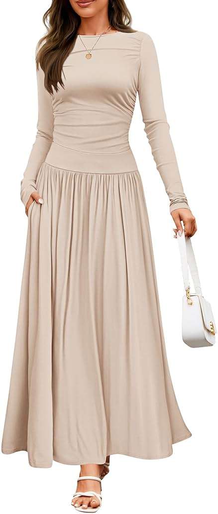 ZESICA Women's Long Sleeve Fall Maxi Dress 2026 Crewneck Knit Casual Slim Swing Pleated Dresses with Pockets - Image 1