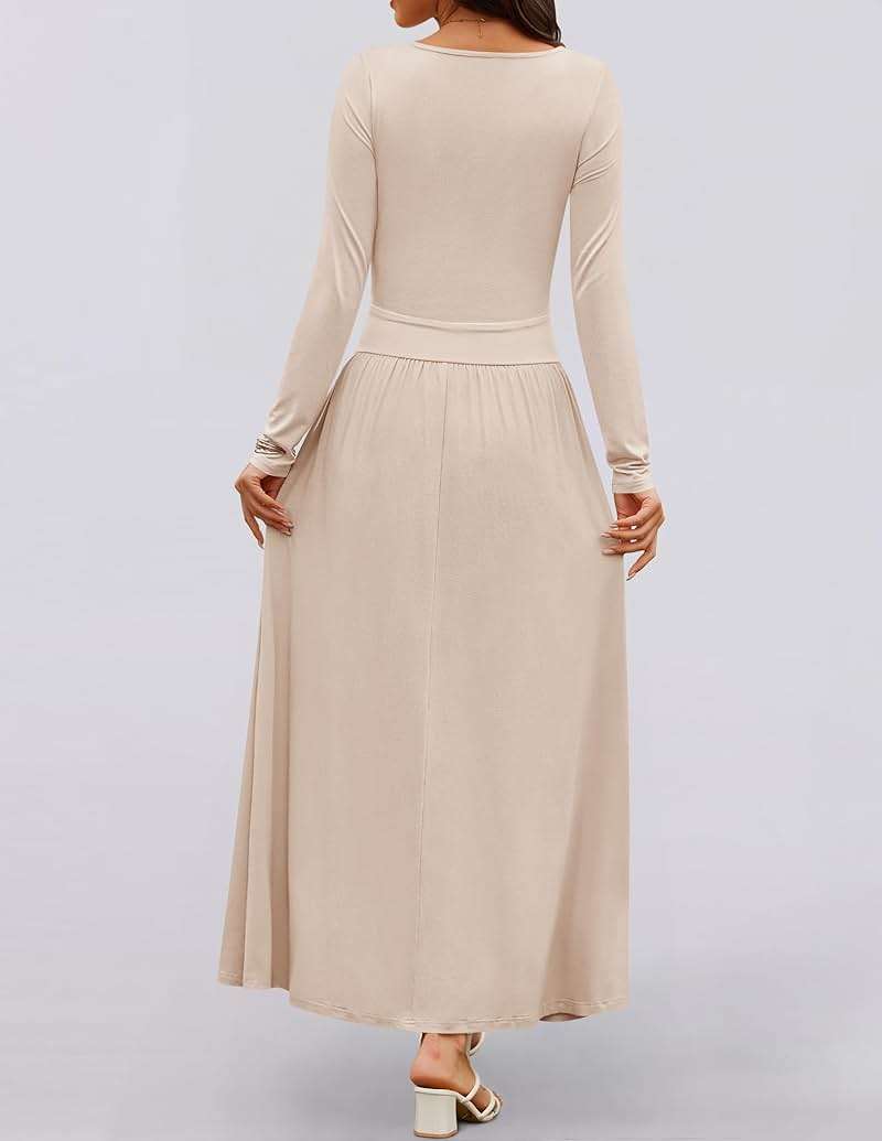 ZESICA Women's Long Sleeve Fall Maxi Dress 2026 Crewneck Knit Casual Slim Swing Pleated Dresses with Pockets - Image 3