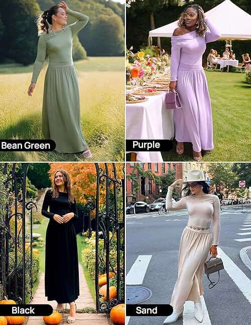 ZESICA Women's Long Sleeve Fall Maxi Dress 2026 Crewneck Knit Casual Slim Swing Pleated Dresses with Pockets - Image 5