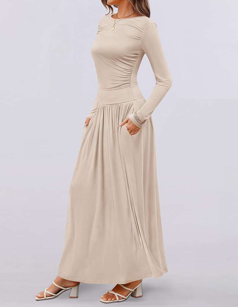 ZESICA Women's Long Sleeve Fall Maxi Dress 2026 Crewneck Knit Casual Slim Swing Pleated Dresses with Pockets - Image 7