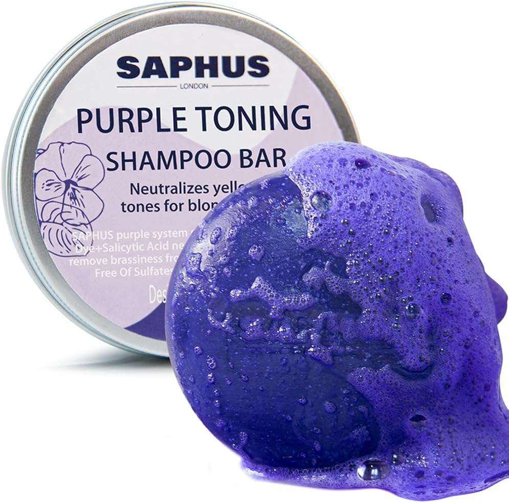 SAPHUS Sulfate Free Brass Toning Purple Shampoo Bar for Blonde, Bleached, Silver, or Brown Highlighted Hair, Travel Friendly, with Tin Container +Sponge - Image 1