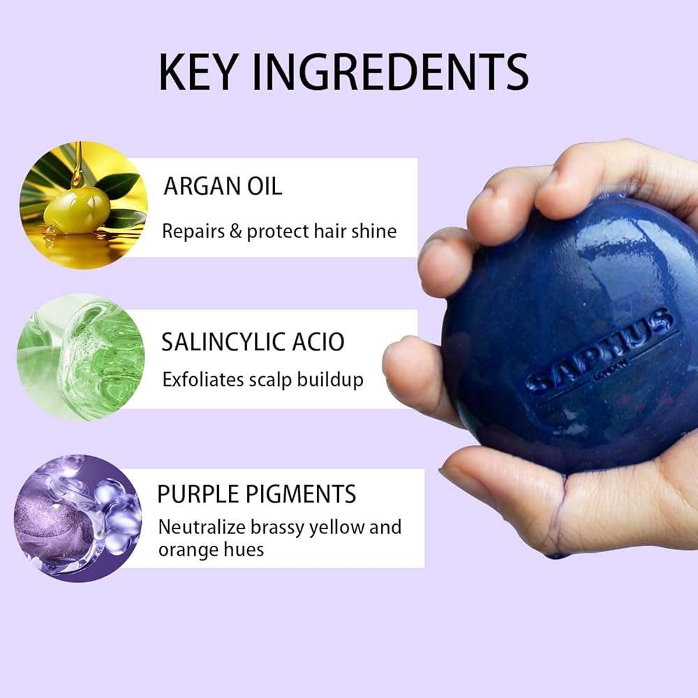 SAPHUS Sulfate Free Brass Toning Purple Shampoo Bar for Blonde, Bleached, Silver, or Brown Highlighted Hair, Travel Friendly, with Tin Container +Sponge - Image 3