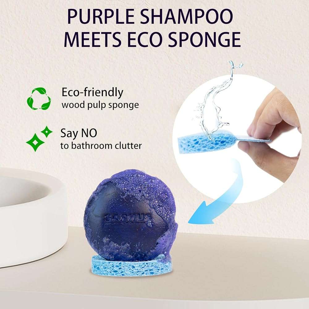 SAPHUS Sulfate Free Brass Toning Purple Shampoo Bar for Blonde, Bleached, Silver, or Brown Highlighted Hair, Travel Friendly, with Tin Container +Sponge - Image 6