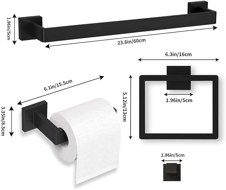 20-Pieces Matte Black Bathroom Accessories Set, 23.6 Inch Bath Towel Bar Set, SUS 304 Stainless Steel Bathroom Hardware Set, Towel Racks for Bathroom Wall Mounted. - Image 3