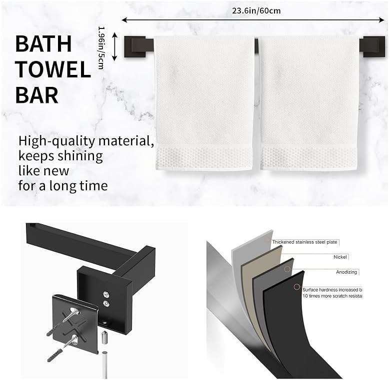 20-Pieces Matte Black Bathroom Accessories Set, 23.6 Inch Bath Towel Bar Set, SUS 304 Stainless Steel Bathroom Hardware Set, Towel Racks for Bathroom Wall Mounted. - Image 4