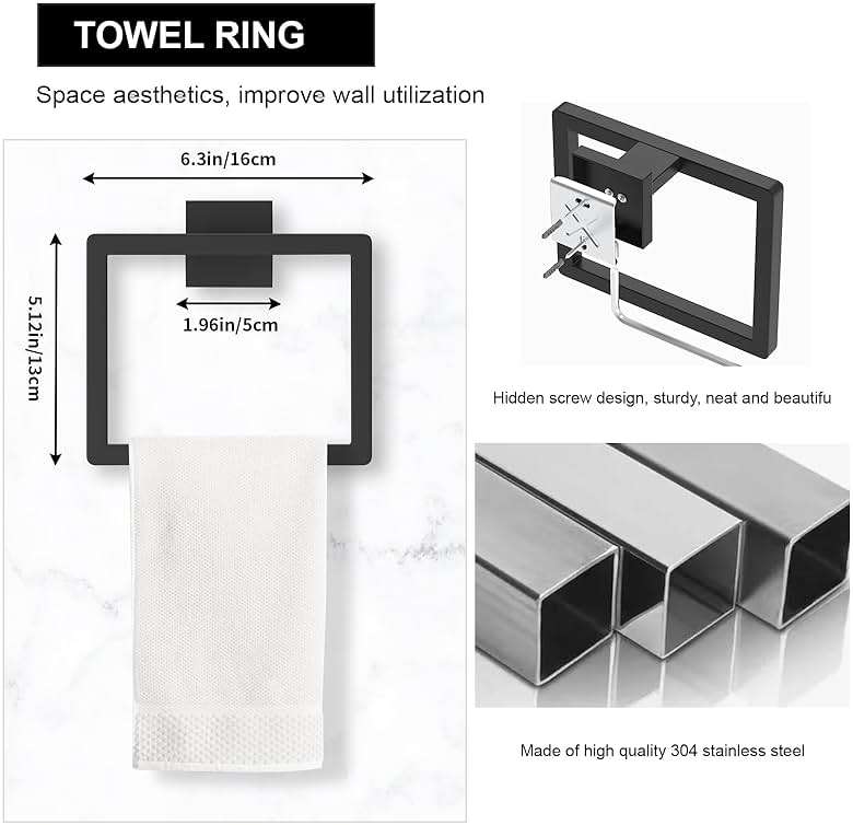 20-Pieces Matte Black Bathroom Accessories Set, 23.6 Inch Bath Towel Bar Set, SUS 304 Stainless Steel Bathroom Hardware Set, Towel Racks for Bathroom Wall Mounted. - Image 5