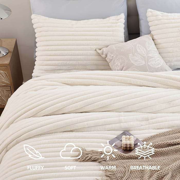 Smoofy Fluffy Queen Comforter Set 3 Pieces - Cream White Fleece Fluffy Comforter Set, Luxury Fuzzy Queen Bedding Set, Soft Warm Bed Set All Season, Heavy Faux Fur Comforter with 2 Pillow Cases - Image 2