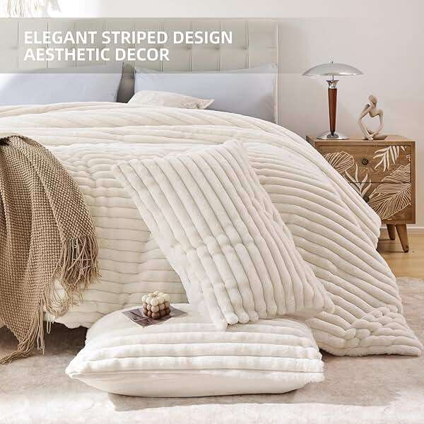 Smoofy Fluffy Queen Comforter Set 3 Pieces - Cream White Fleece Fluffy Comforter Set, Luxury Fuzzy Queen Bedding Set, Soft Warm Bed Set All Season, Heavy Faux Fur Comforter with 2 Pillow Cases - Image 3