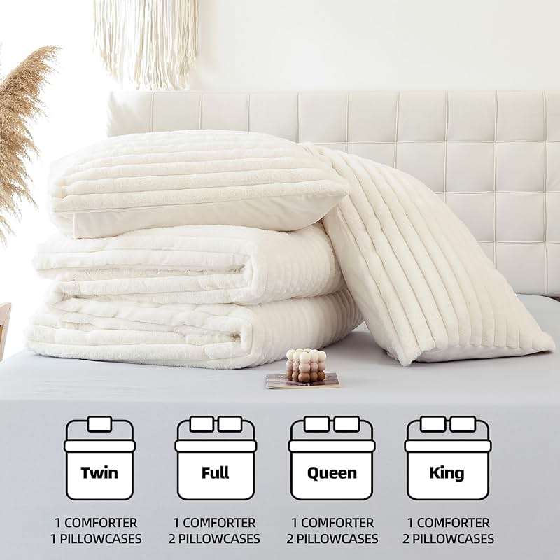 Smoofy Fluffy Queen Comforter Set 3 Pieces - Cream White Fleece Fluffy Comforter Set, Luxury Fuzzy Queen Bedding Set, Soft Warm Bed Set All Season, Heavy Faux Fur Comforter with 2 Pillow Cases - Image 7