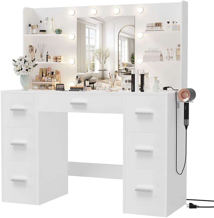 Furmax Vanity Desk with Mirror, LED Lights and Power Outlet Makeup Vanity Table with 7 Drawers and 6 Storage Shelves Dressing Table for Bedroom Dressing Room (White) - Image 1