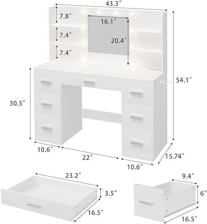 Furmax Vanity Desk with Mirror, LED Lights and Power Outlet Makeup Vanity Table with 7 Drawers and 6 Storage Shelves Dressing Table for Bedroom Dressing Room (White) - Image 3