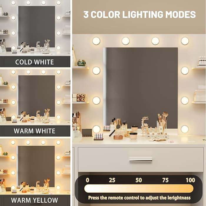 Furmax Vanity Desk with Mirror, LED Lights and Power Outlet Makeup Vanity Table with 7 Drawers and 6 Storage Shelves Dressing Table for Bedroom Dressing Room (White) - Image 4