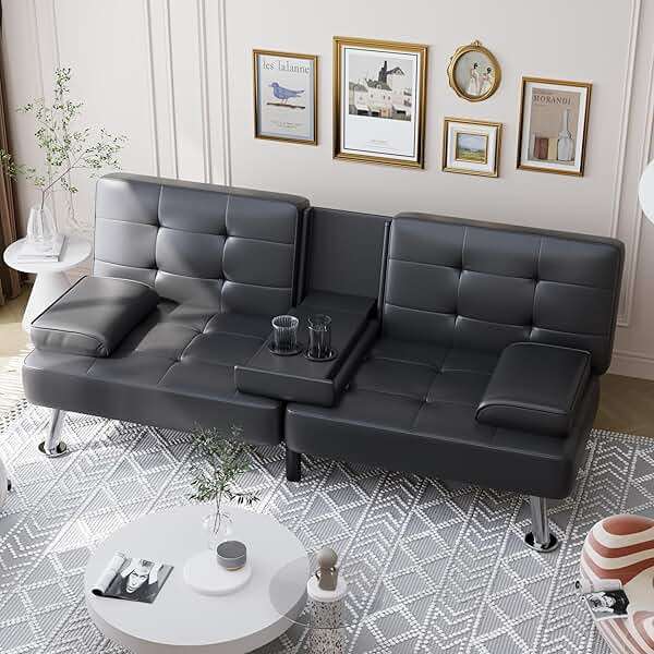 Shahoo Convertible Folding Futon Sofa Bed Sleeper Couch for Living Room Faux Leather Upholstered Loveseat w/Removable Armrests, Metal Legs, 2 Cup Holders, Black - Image 1