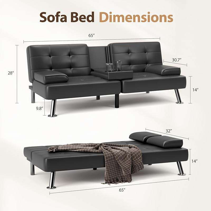 Shahoo Convertible Folding Futon Sofa Bed Sleeper Couch for Living Room Faux Leather Upholstered Loveseat w/Removable Armrests, Metal Legs, 2 Cup Holders, Black - Image 2