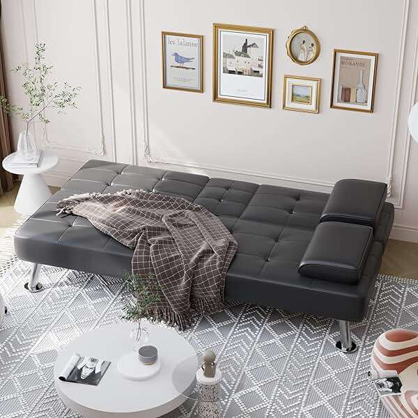 Shahoo Convertible Folding Futon Sofa Bed Sleeper Couch for Living Room Faux Leather Upholstered Loveseat w/Removable Armrests, Metal Legs, 2 Cup Holders, Black - Image 3
