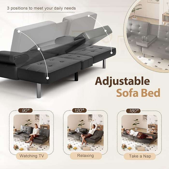 Shahoo Convertible Folding Futon Sofa Bed Sleeper Couch for Living Room Faux Leather Upholstered Loveseat w/Removable Armrests, Metal Legs, 2 Cup Holders, Black - Image 4