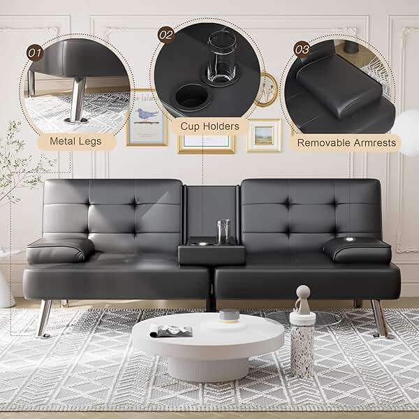 Shahoo Convertible Folding Futon Sofa Bed Sleeper Couch for Living Room Faux Leather Upholstered Loveseat w/Removable Armrests, Metal Legs, 2 Cup Holders, Black - Image 5