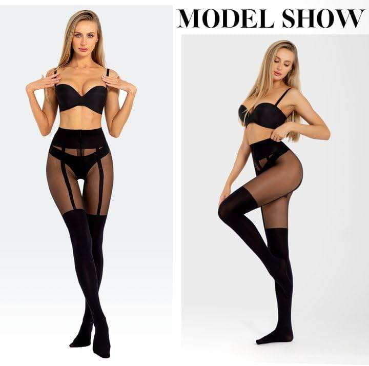 MANZI Mock Suspender Pantyhose for Women Faux Thigh High Stockings Black Over the Knee Goth Sparkly Tights - Image 2