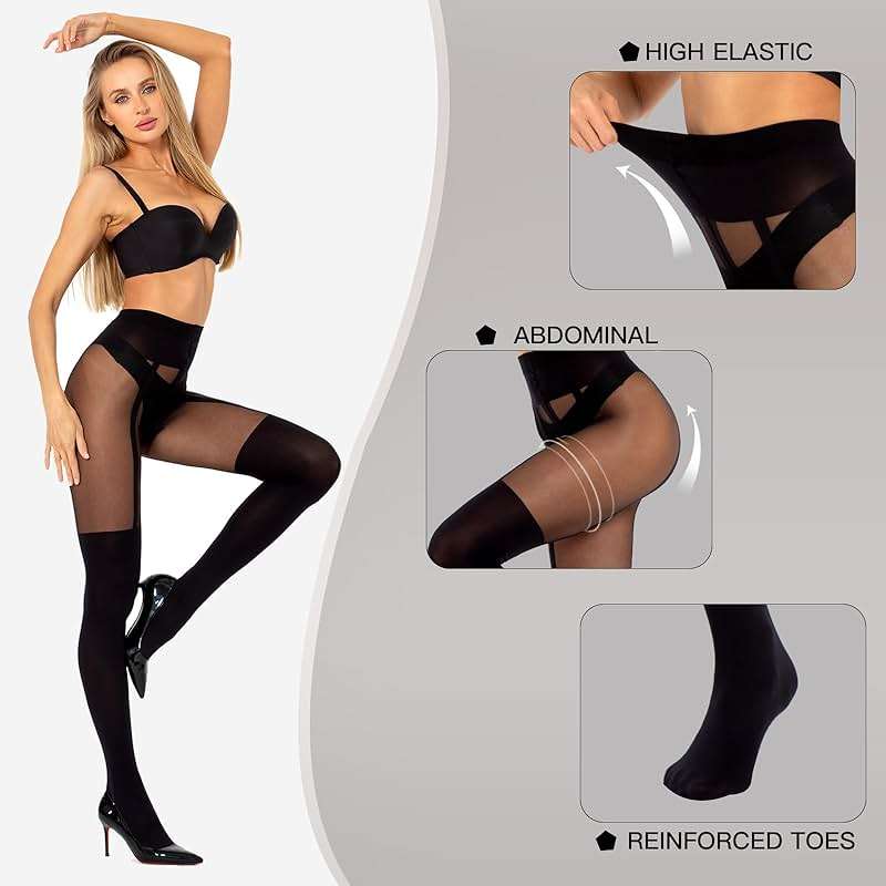 MANZI Mock Suspender Pantyhose for Women Faux Thigh High Stockings Black Over the Knee Goth Sparkly Tights - Image 3