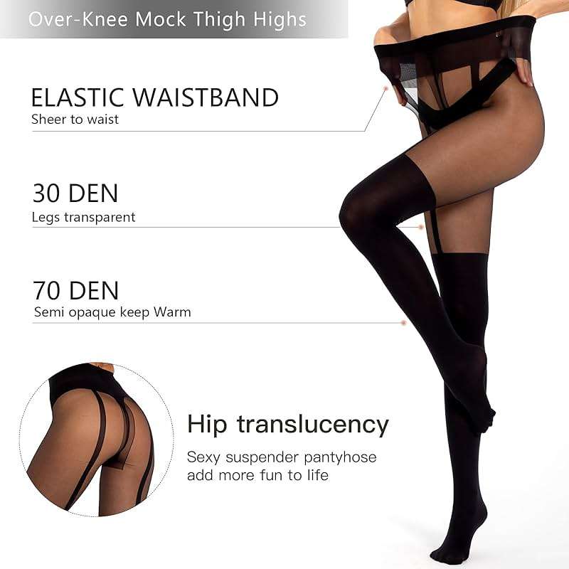 MANZI Mock Suspender Pantyhose for Women Faux Thigh High Stockings Black Over the Knee Goth Sparkly Tights - Image 4