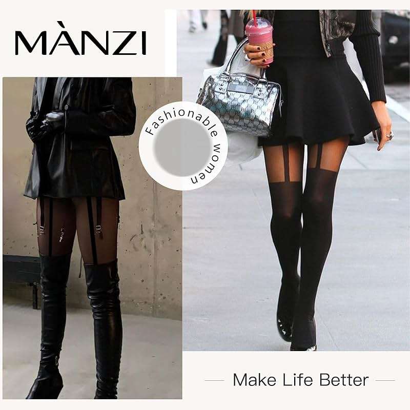 MANZI Mock Suspender Pantyhose for Women Faux Thigh High Stockings Black Over the Knee Goth Sparkly Tights - Image 5