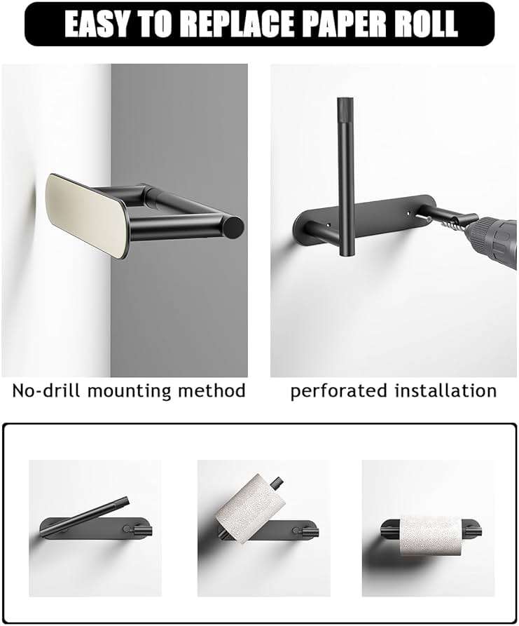 Sankecao Black Toilet Paper Holder - Bathroom Toilet Paper Holder Adhesive or Screw Wall Mounted Swivel Snap Lock Design Fits Anywhere Stainless Steel Bathroom Tissue Roll Holder - Image 5
