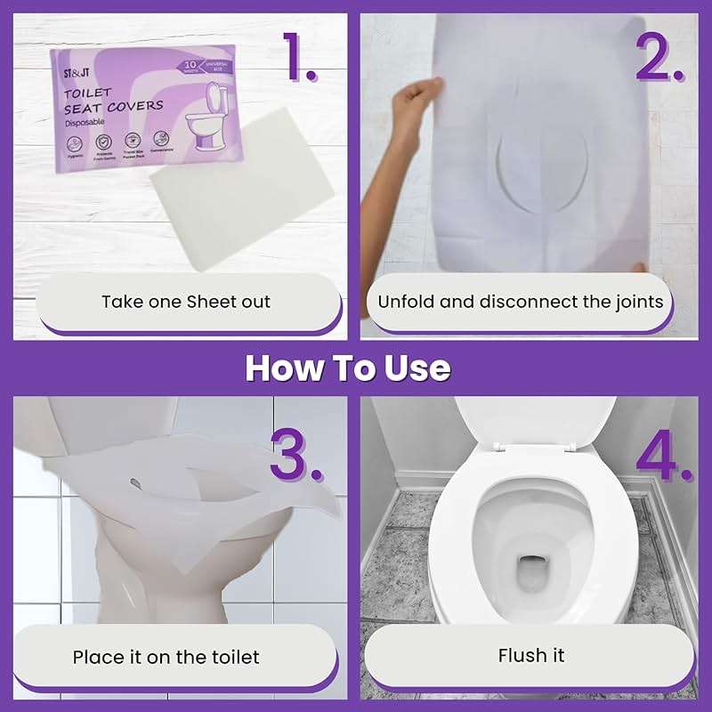 ST&JT Travel Toilet Seat Covers Disposable (100 Pack) – Biodegradable & Flushable Toilet Seat Cover, XL Protection for Adults & Kids – Travel Essential for Public Restrooms, Airplane, Camping. - Image 7
