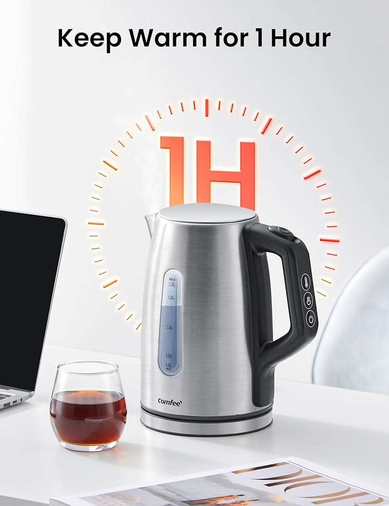 COMFEE' Stainless Steel Electric Kettle, Temperature Control with 6 Presets, 1-Hr Keep Warm, Kettle Water Boiler 1.7 Litres, 1500W with Viewing Window, Auto-Off and Boil-Dry Protection - Image 3