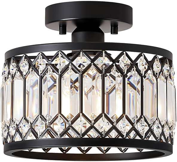 Pevfah Crystal Black Ceiling Light, Modern Semi Flush Mount Ceiling Lighting Fixture, Round Hallway Lighting Fixtures for Kitchen Entryway Bedroom Laundry Room, 1-Light, 9 Inch - Image 1