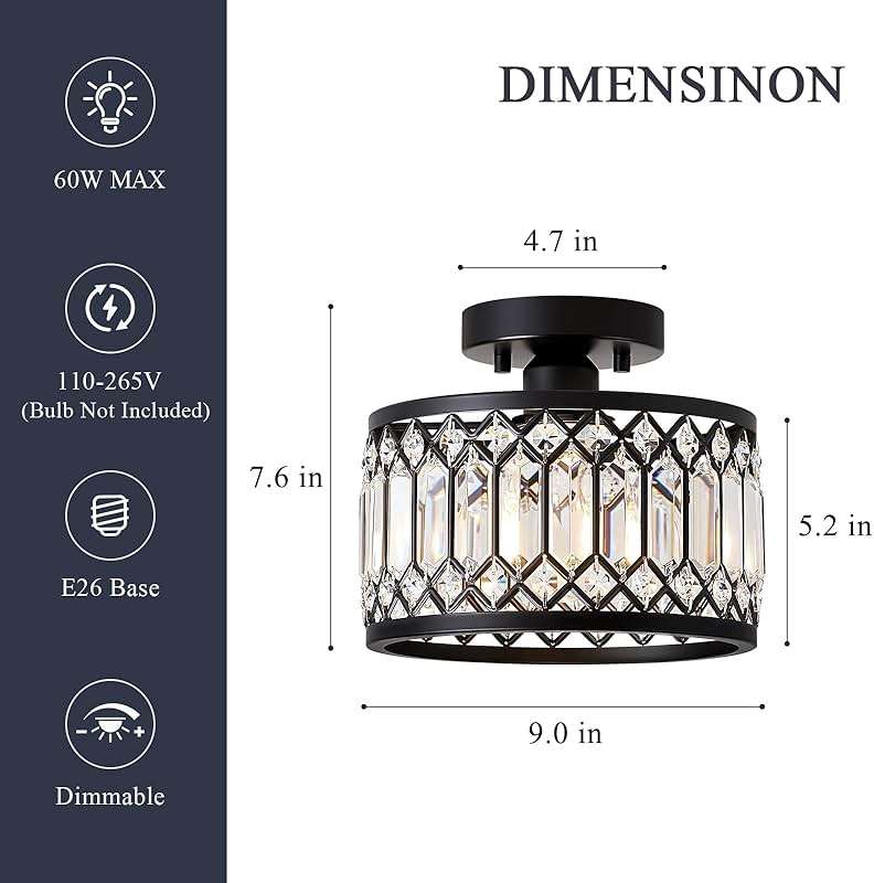 Pevfah Crystal Black Ceiling Light, Modern Semi Flush Mount Ceiling Lighting Fixture, Round Hallway Lighting Fixtures for Kitchen Entryway Bedroom Laundry Room, 1-Light, 9 Inch - Image 4