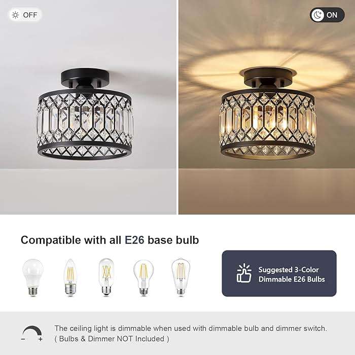 Pevfah Crystal Black Ceiling Light, Modern Semi Flush Mount Ceiling Lighting Fixture, Round Hallway Lighting Fixtures for Kitchen Entryway Bedroom Laundry Room, 1-Light, 9 Inch - Image 6