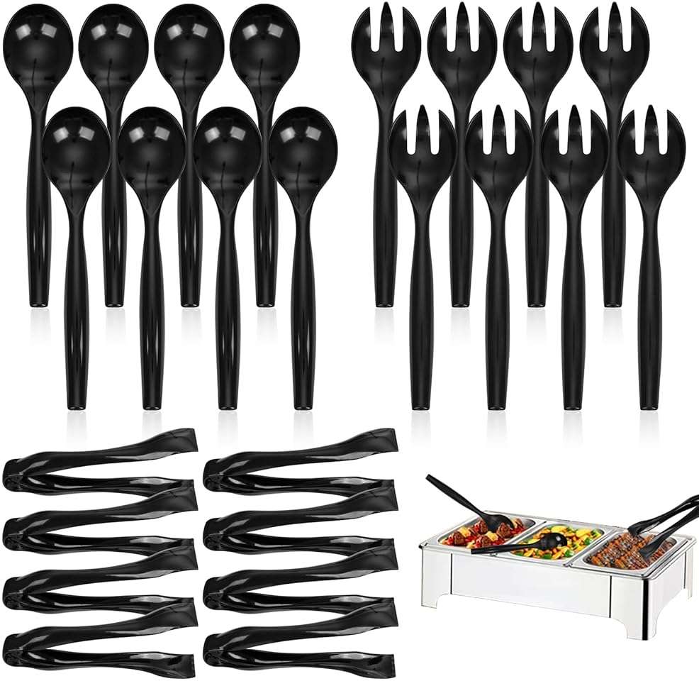 Supernal 36pcs Black Plastic Serving Utensils Set - Heavy Duty Disposable Serving Tongs, Spoons & Forks (12Each) | Bulk Catering Supplies for Buffet, Wedding, Party & Food Service - Image 1