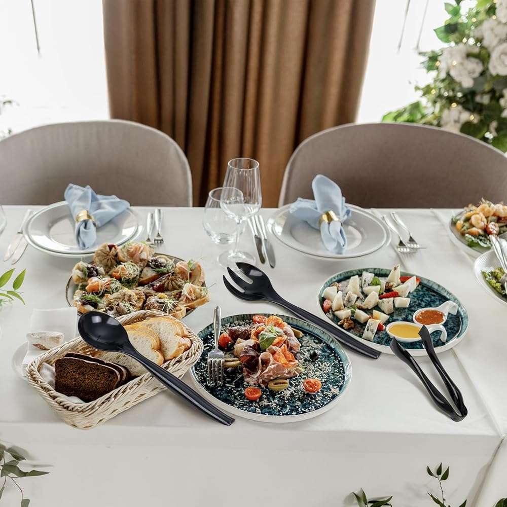 Supernal 36pcs Black Plastic Serving Utensils Set - Heavy Duty Disposable Serving Tongs, Spoons & Forks (12Each) | Bulk Catering Supplies for Buffet, Wedding, Party & Food Service - Image 7