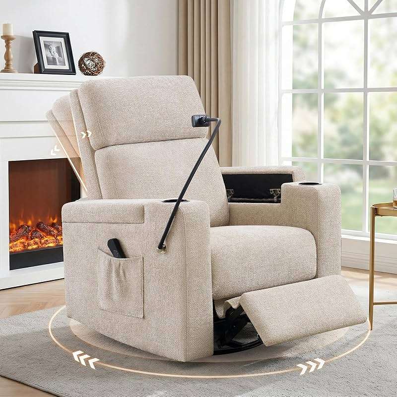 ABCASA Power Recliner Rocking Chair Nursery Glider, Swivel Reclining Nursery Rockers for Baby Room & Living Room, Chenille Chair with Phone Holder, USB/Type-C Ports, Arm Storage, Light Brown - Image 1
