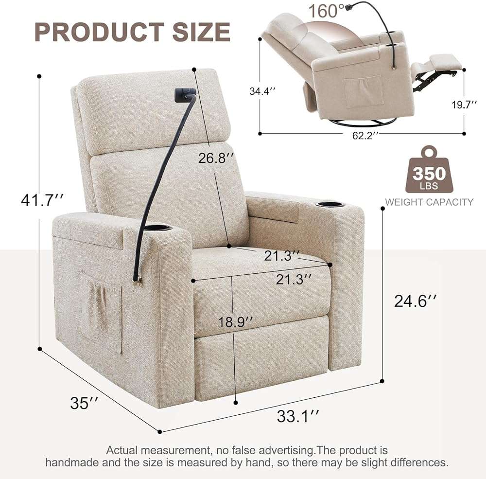ABCASA Power Recliner Rocking Chair Nursery Glider, Swivel Reclining Nursery Rockers for Baby Room & Living Room, Chenille Chair with Phone Holder, USB/Type-C Ports, Arm Storage, Light Brown - Image 2