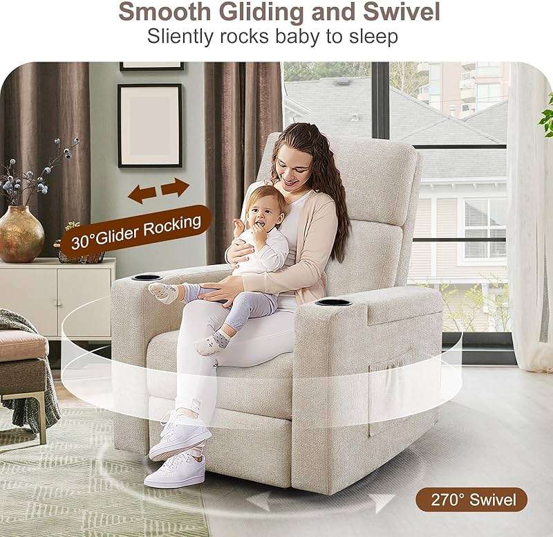 ABCASA Power Recliner Rocking Chair Nursery Glider, Swivel Reclining Nursery Rockers for Baby Room & Living Room, Chenille Chair with Phone Holder, USB/Type-C Ports, Arm Storage, Light Brown - Image 3